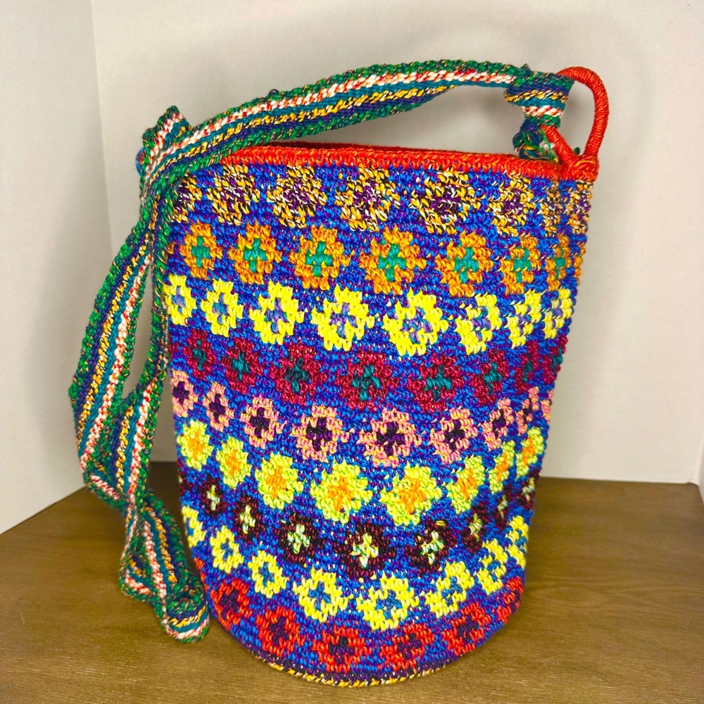 NEW Boho Multicolor‎ Bucket Bag Woven Sun Bottom Adjustable Strap Bohemian